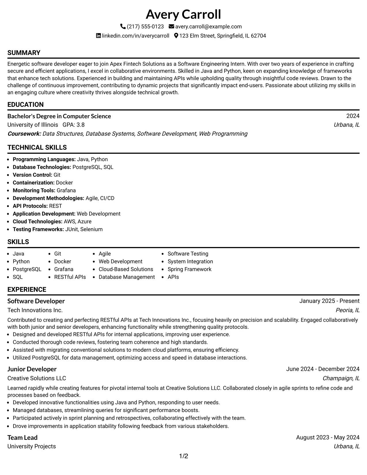 Resume Example Page 1