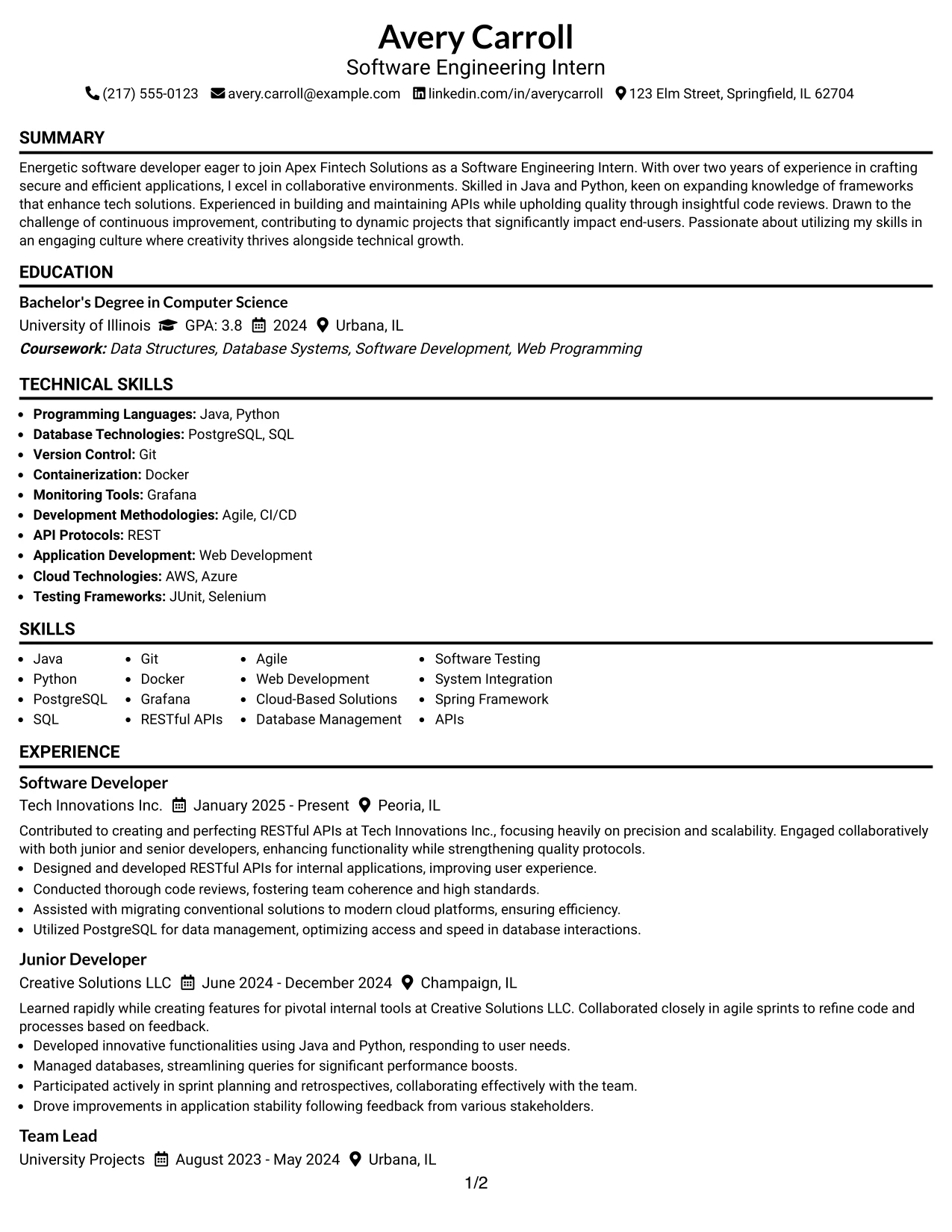 Resume Example Page 1