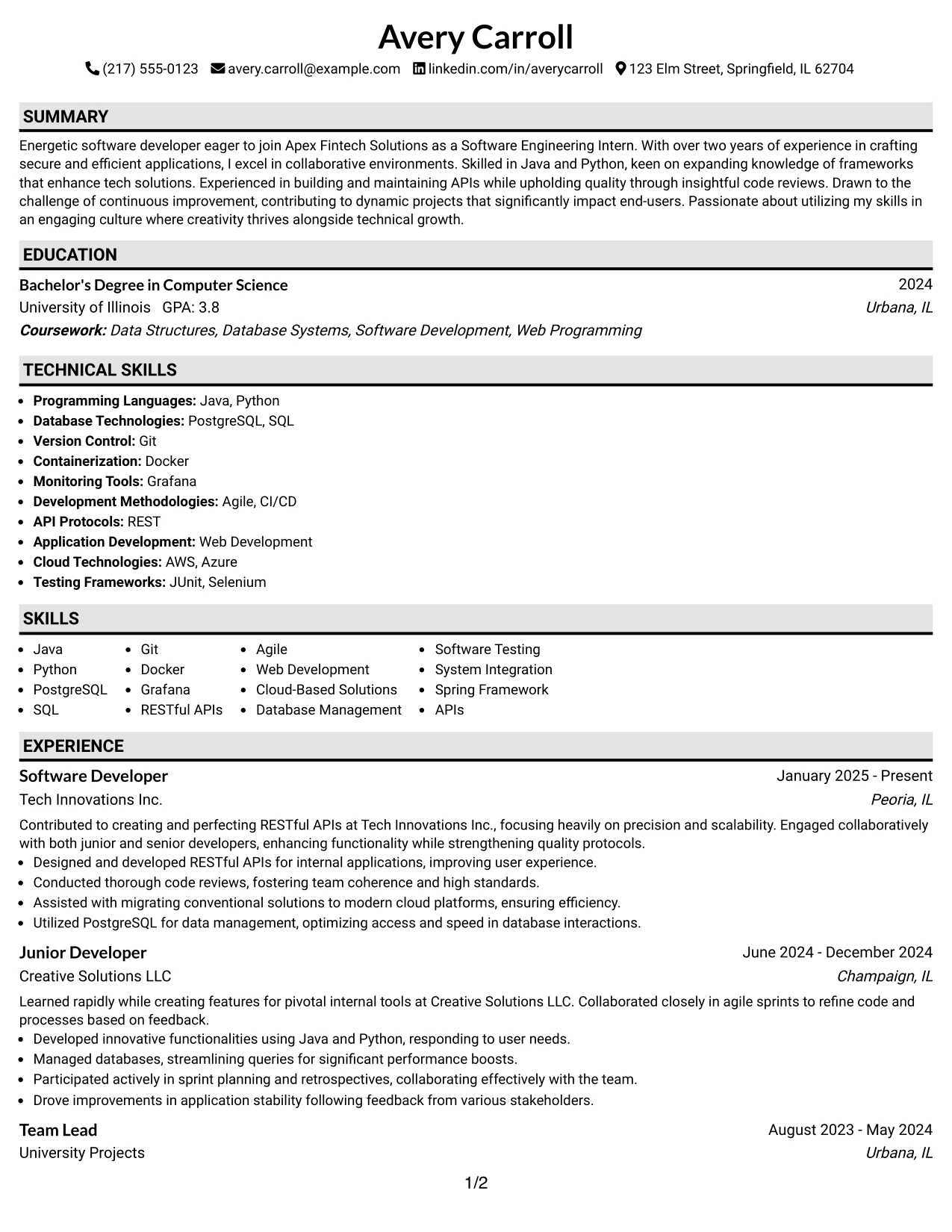 Resume Example Page 1