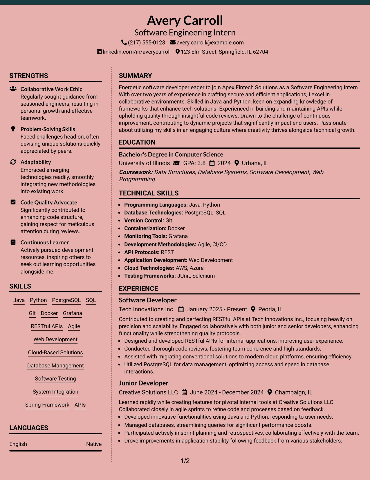 Resume Example Page 1