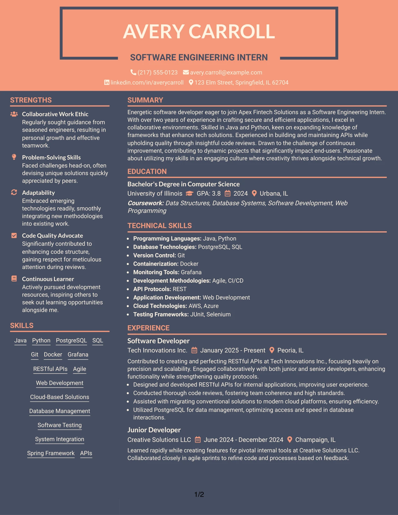 Resume Example Page 1