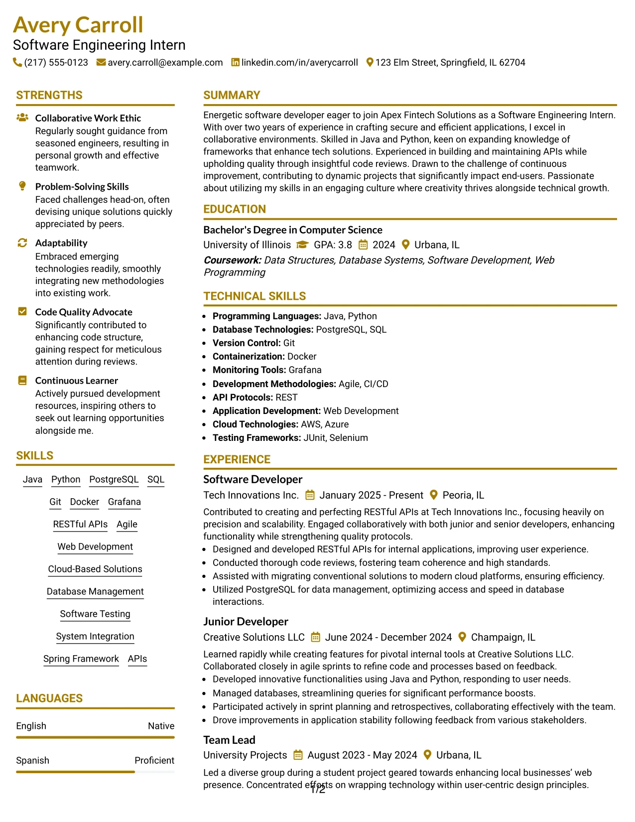 Resume Example Page 1