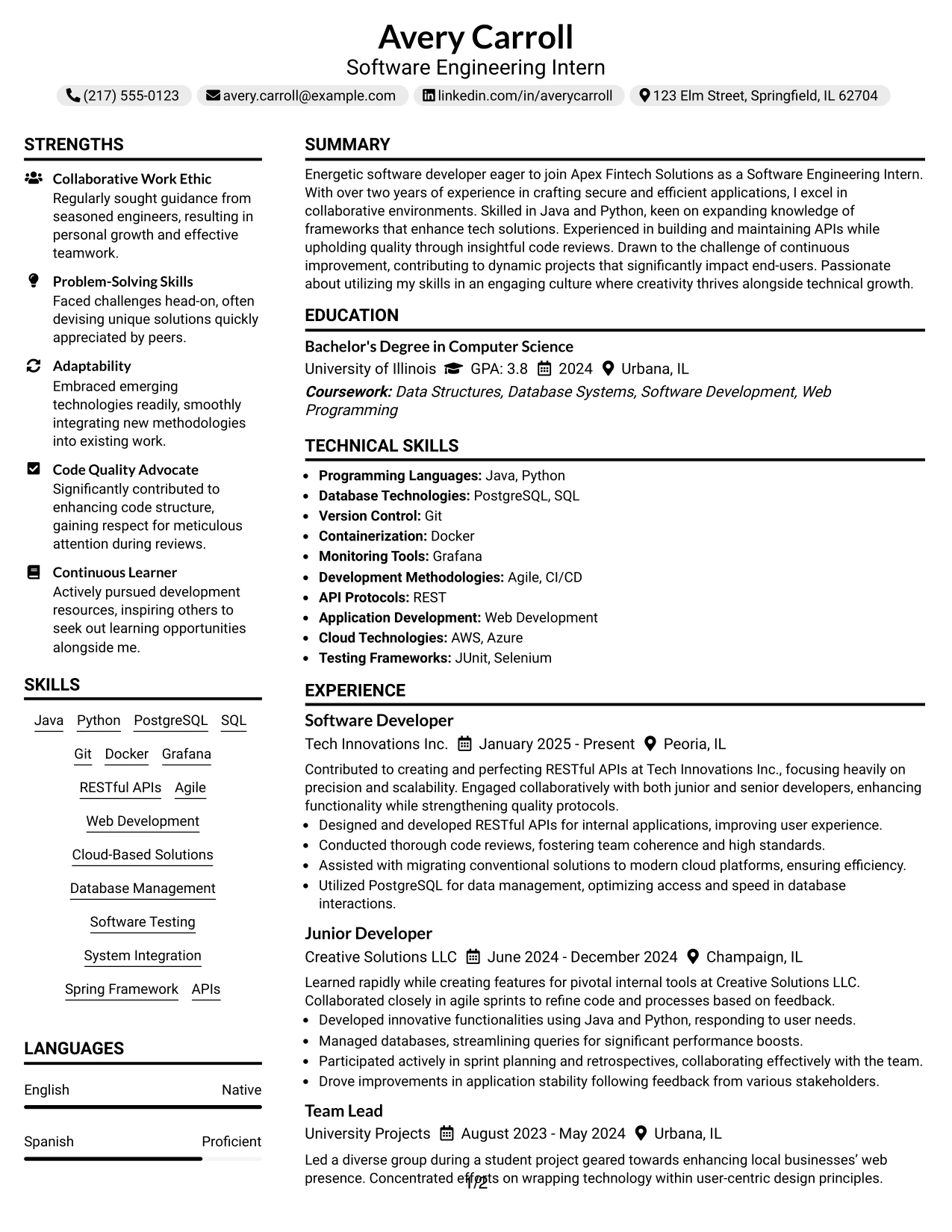 Resume Example Page 1