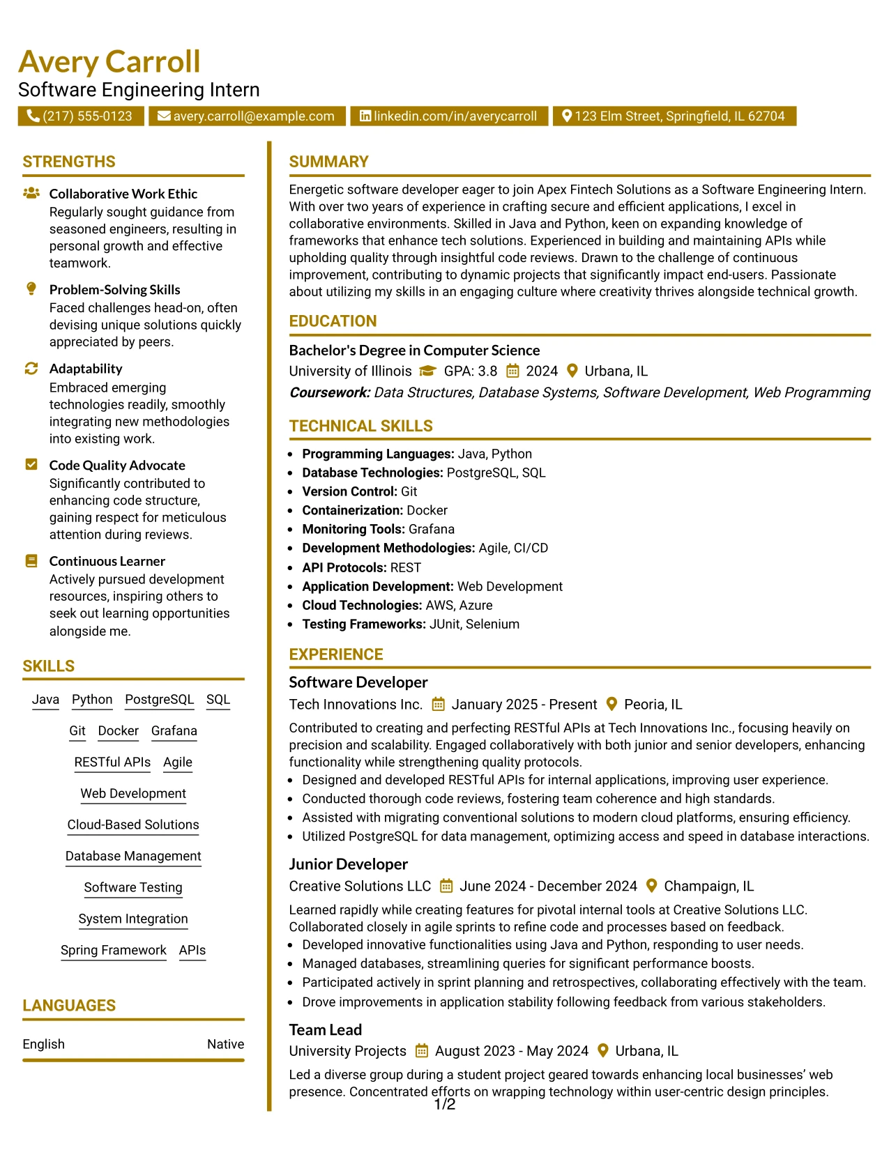 Resume Example Page 1