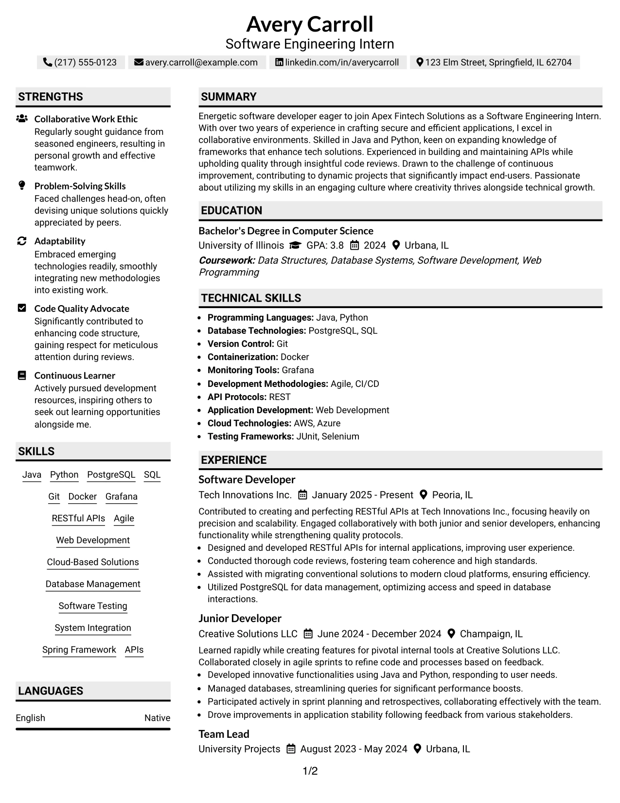 Resume Example Page 1