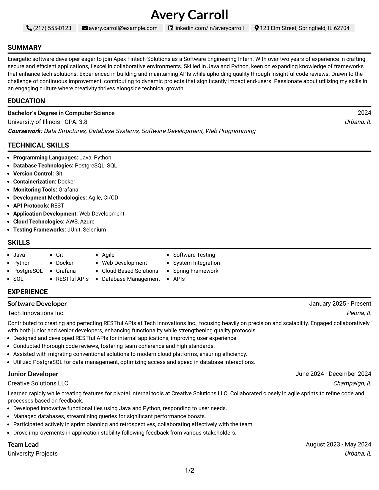Resume Example Page 1
