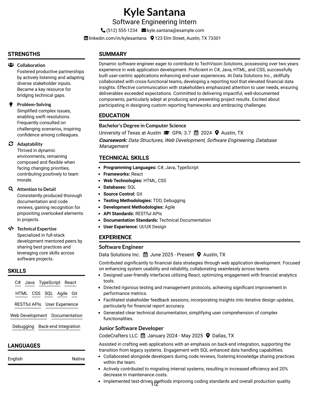Resume Example Page 1