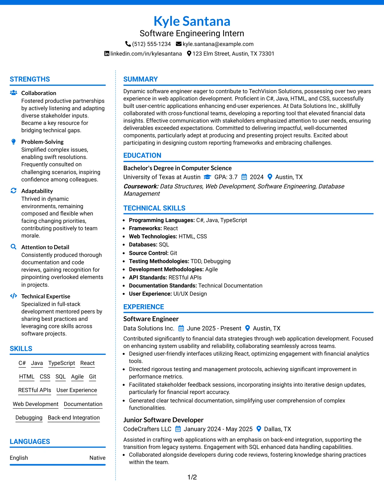 Resume Example Page 1