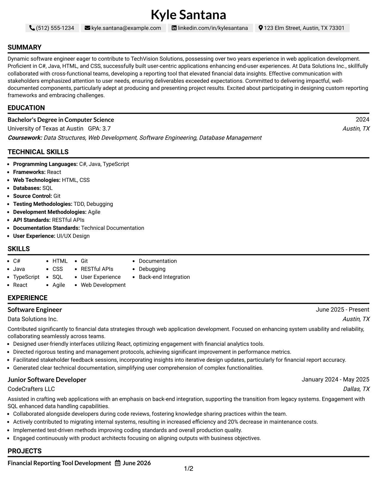 Resume Example Page 1