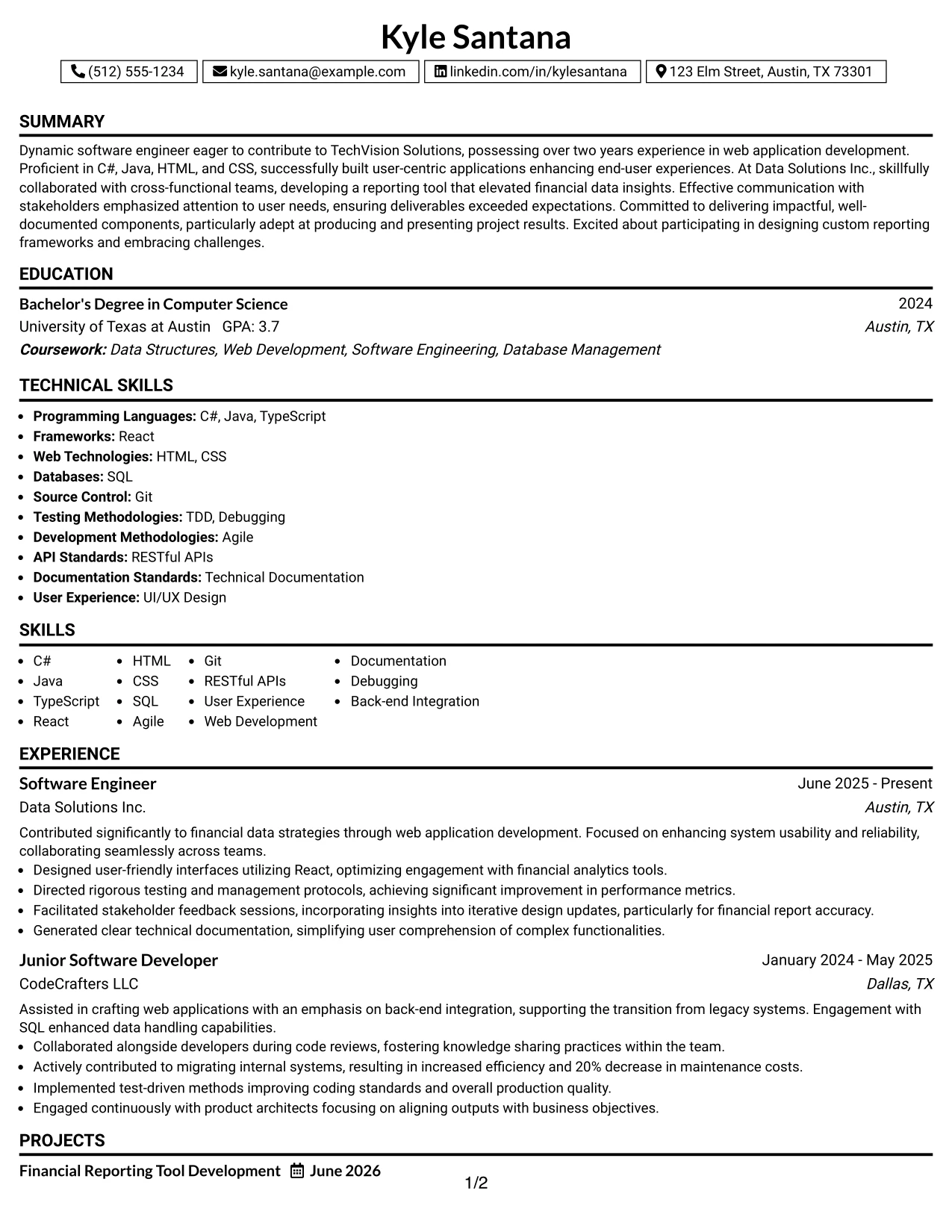 Resume Example Page 1