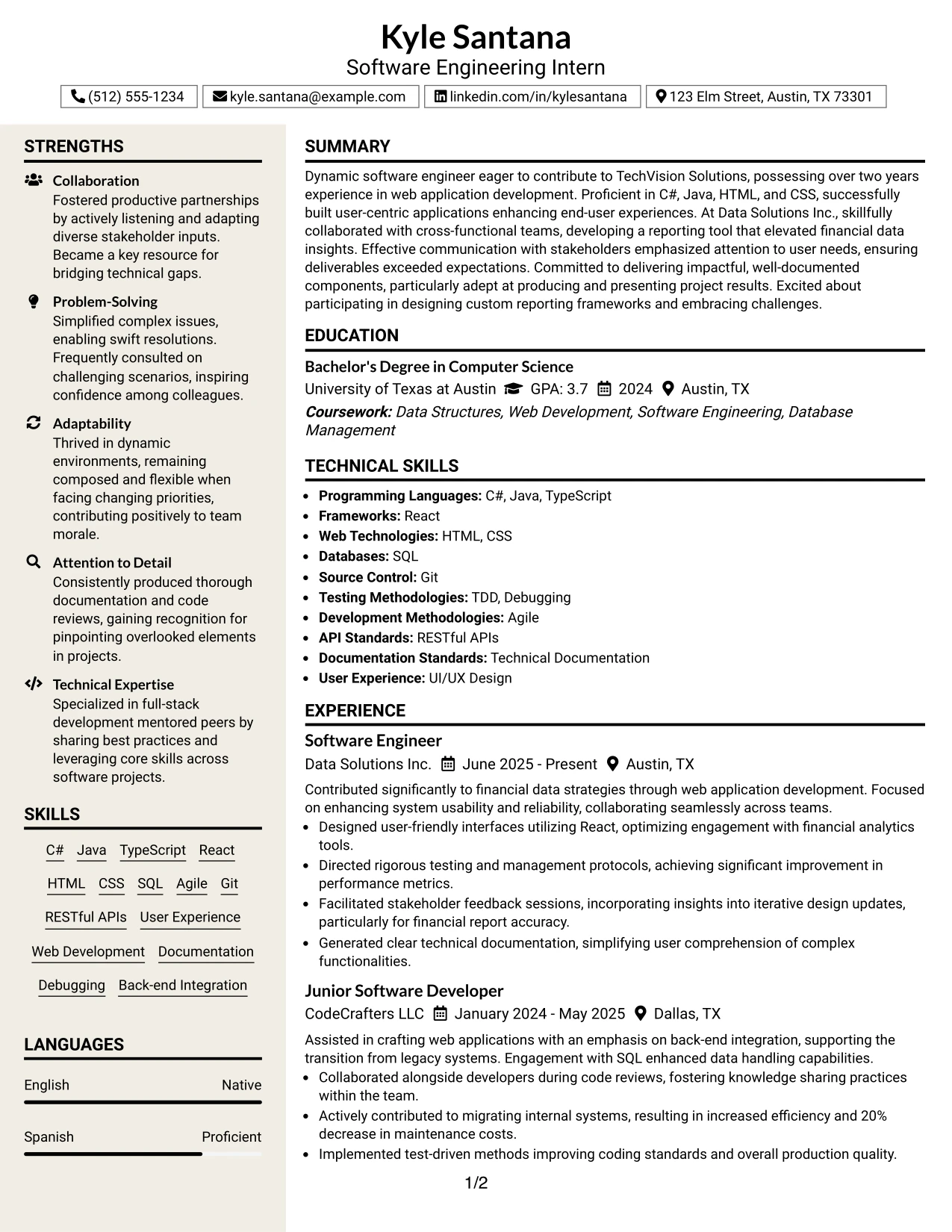 Resume Example Page 1