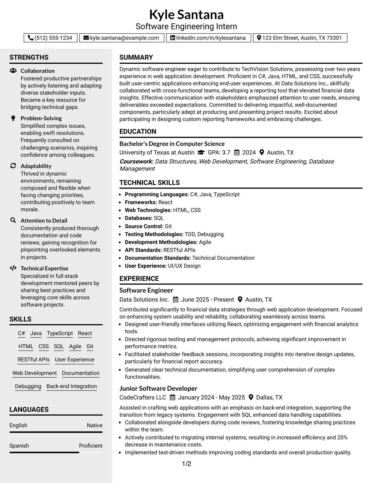 Resume Example Page 1