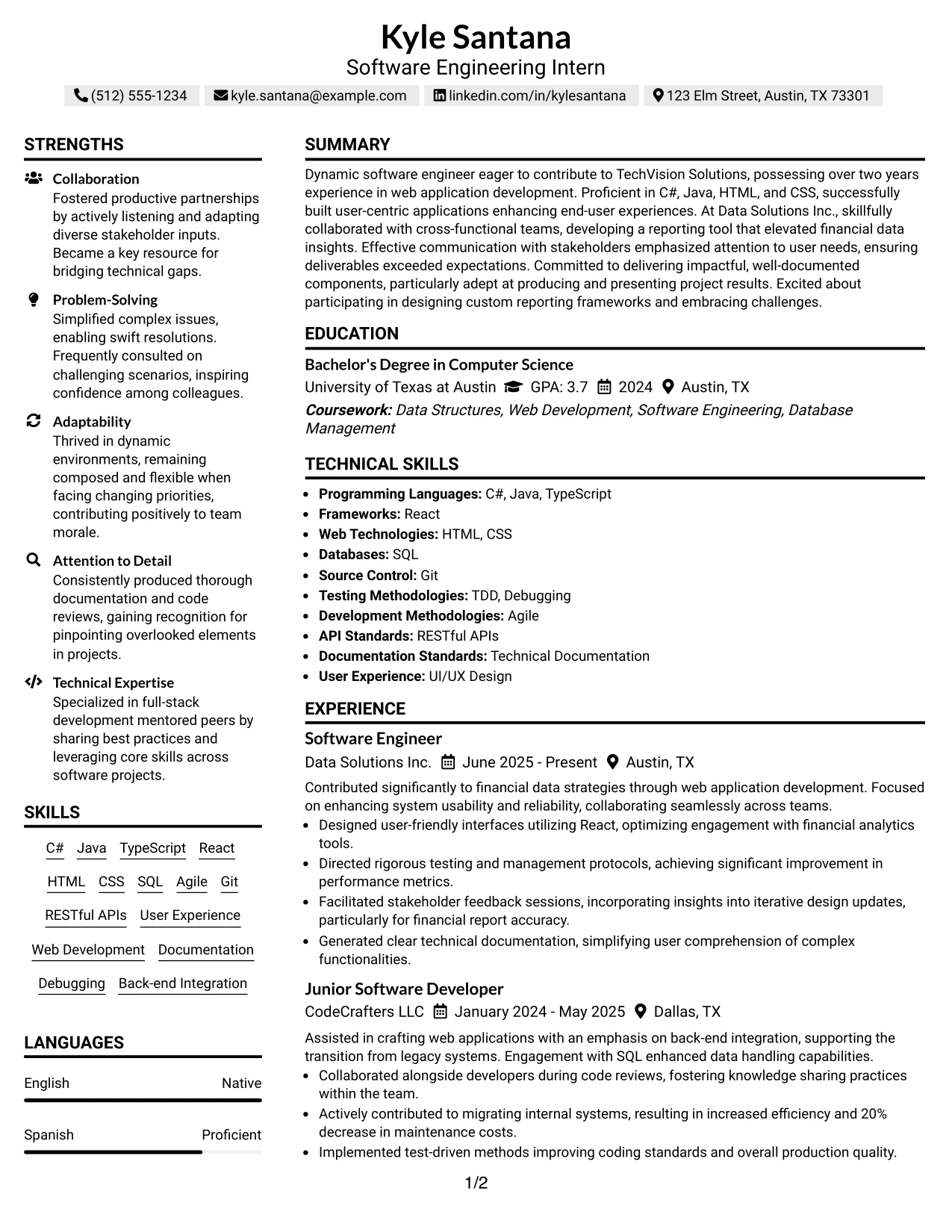 Resume Example Page 1