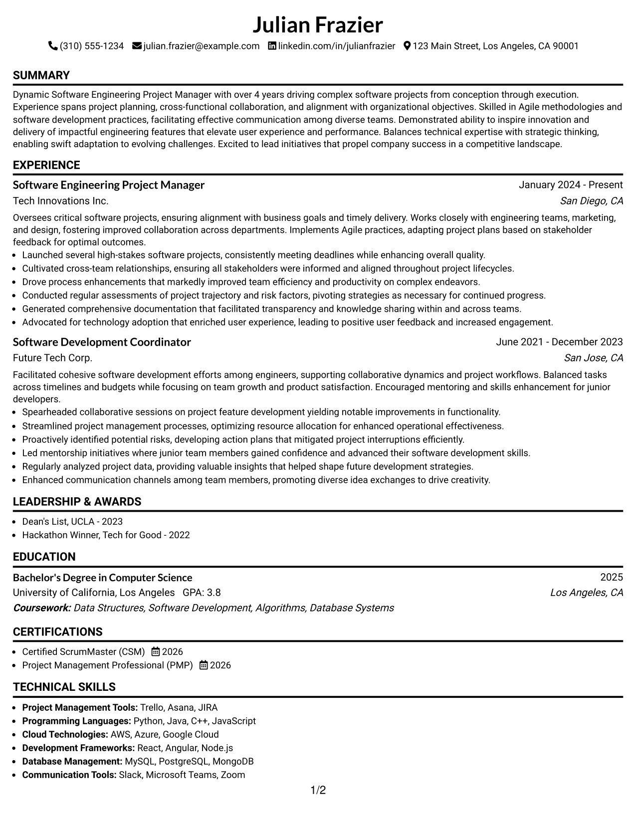 Resume Example Page 1