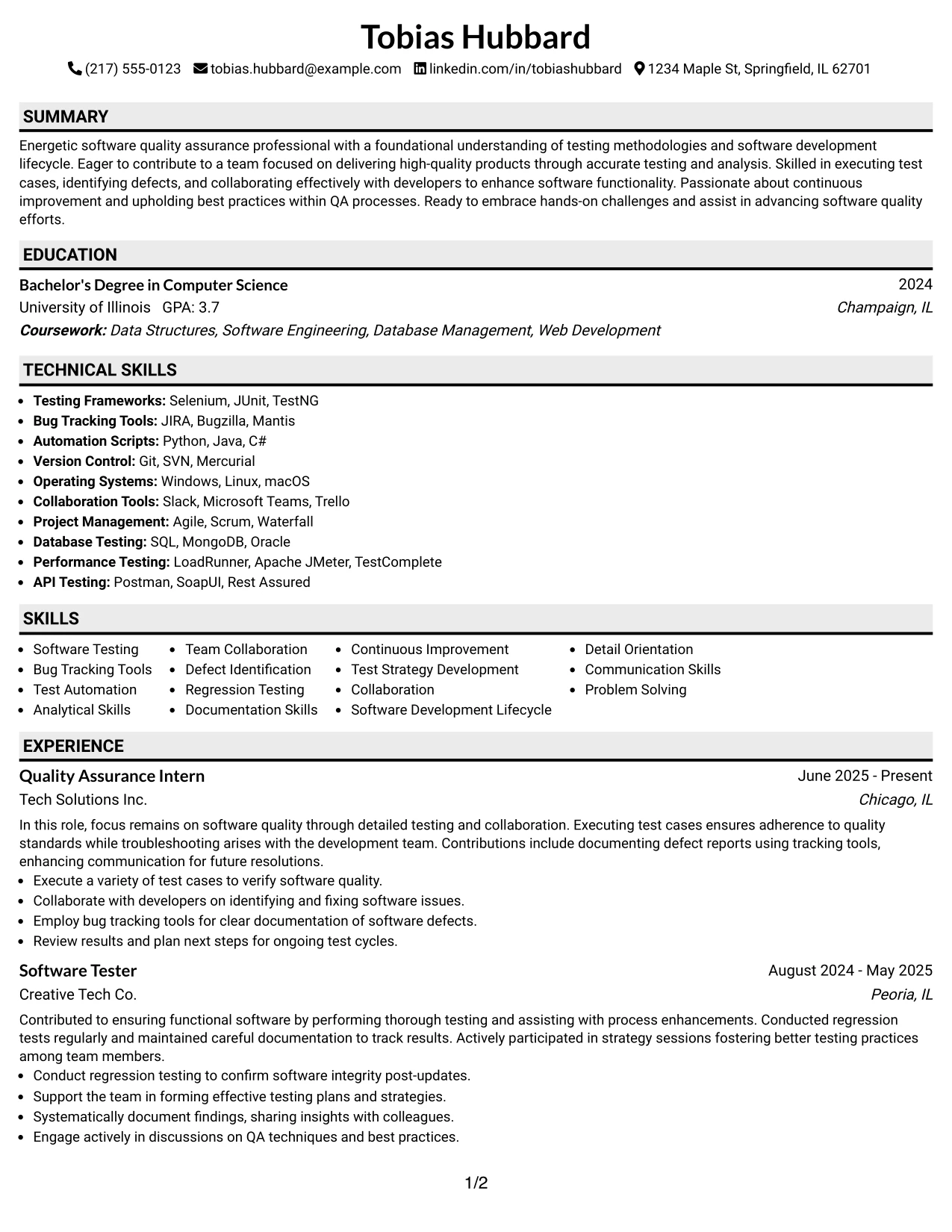 Resume Example Page 1