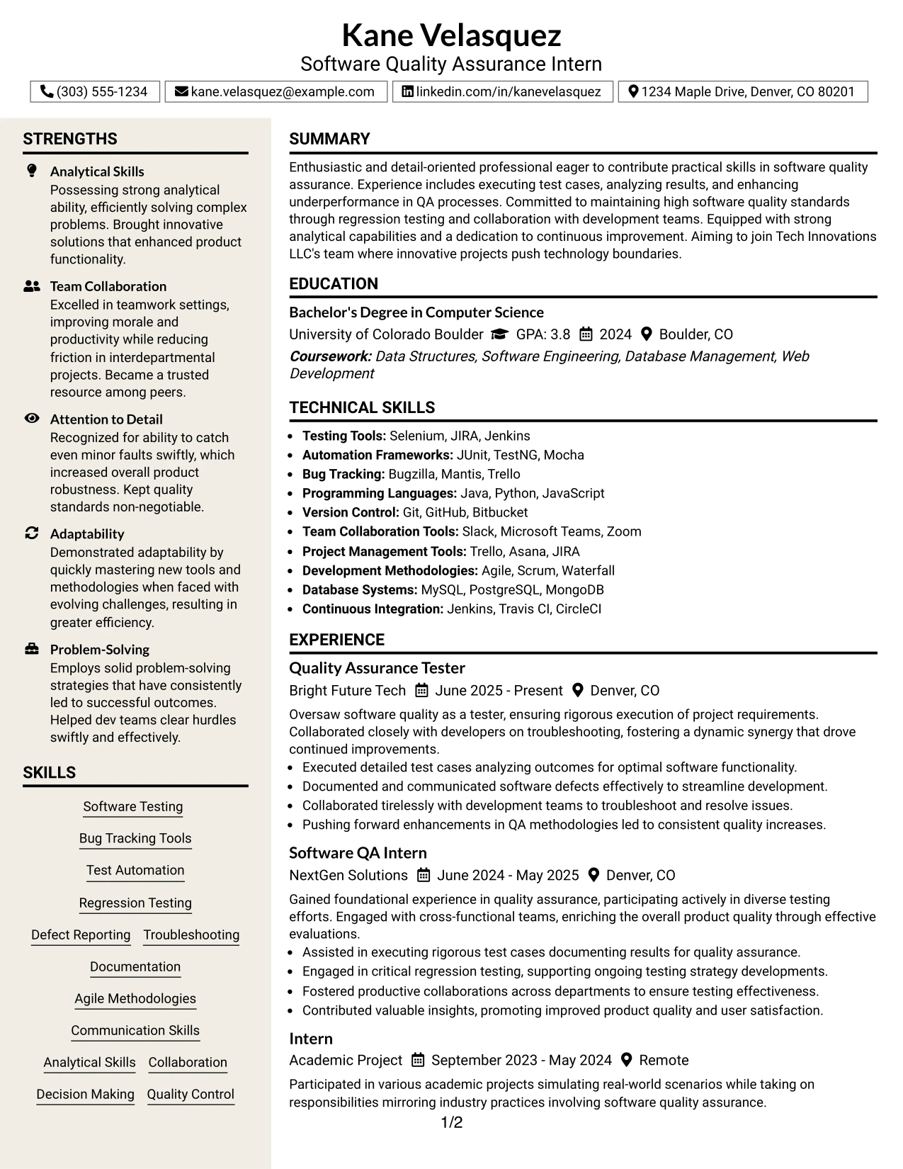 Resume Example Page 1