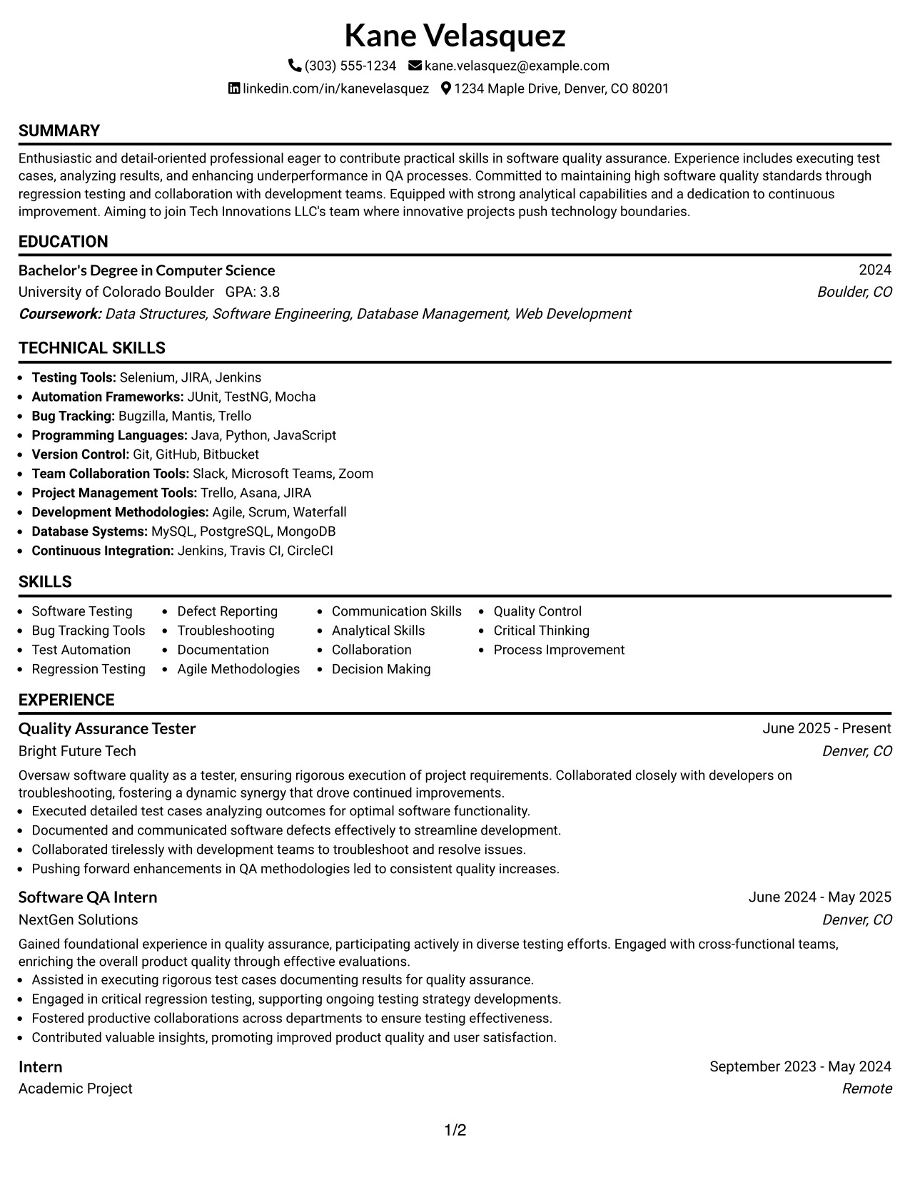 Resume Example Page 1