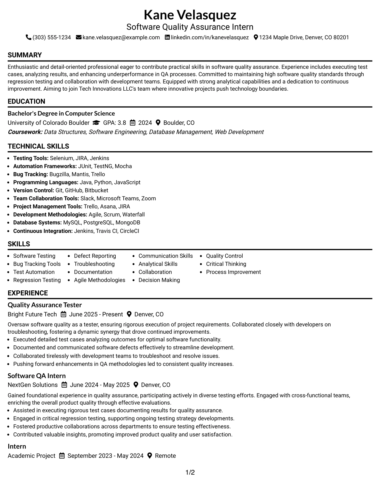 Resume Example Page 1