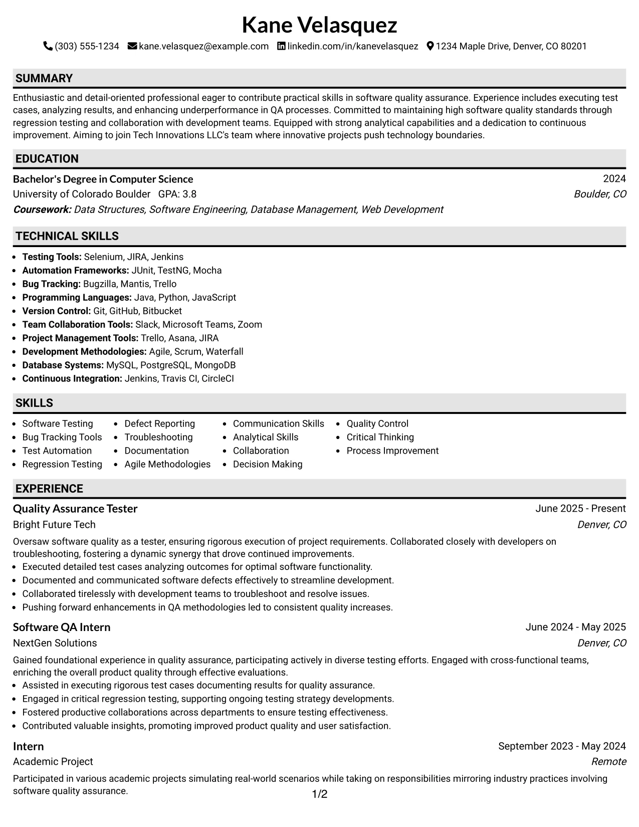 Resume Example Page 1