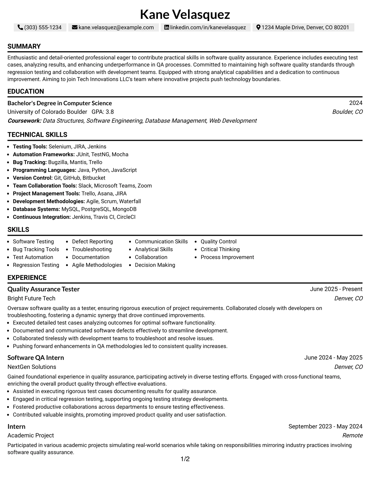 Resume Example Page 1