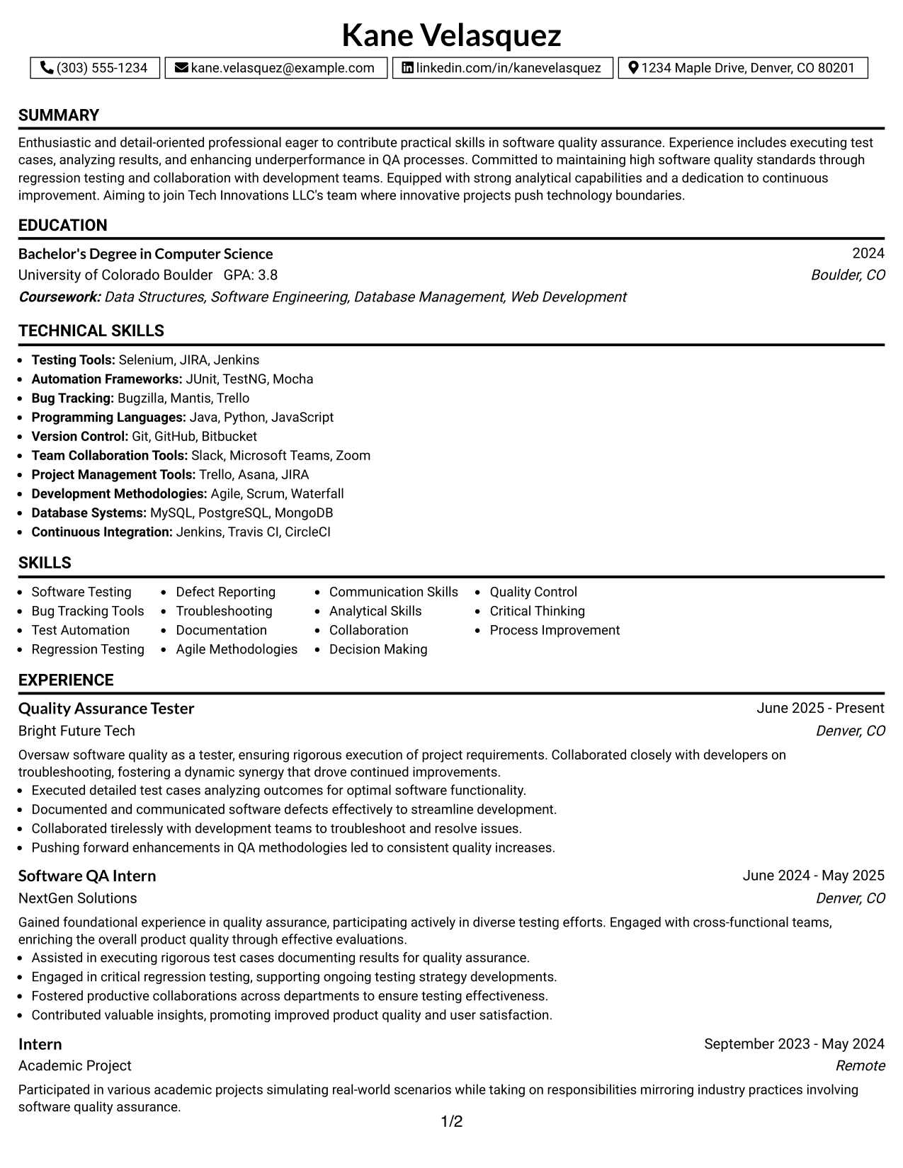Resume Example Page 1