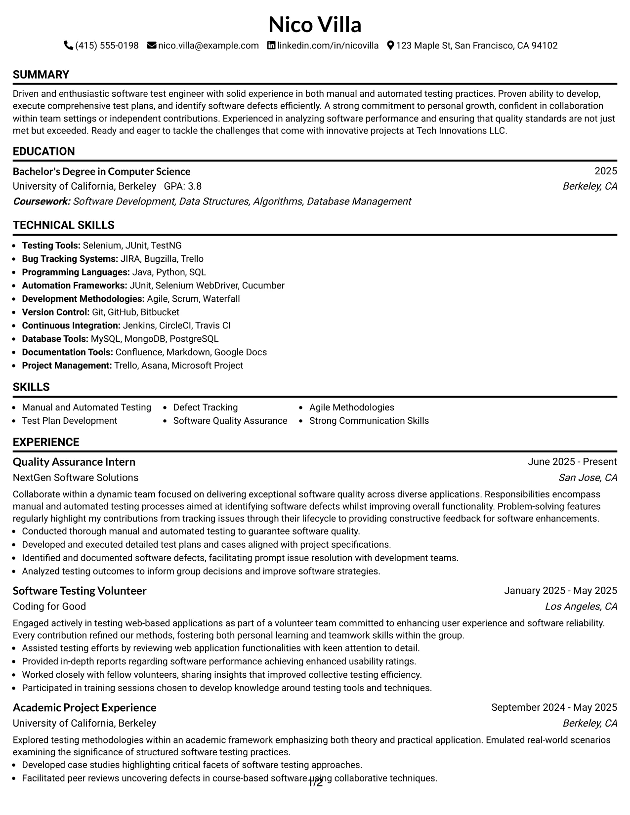Resume Example Page 1