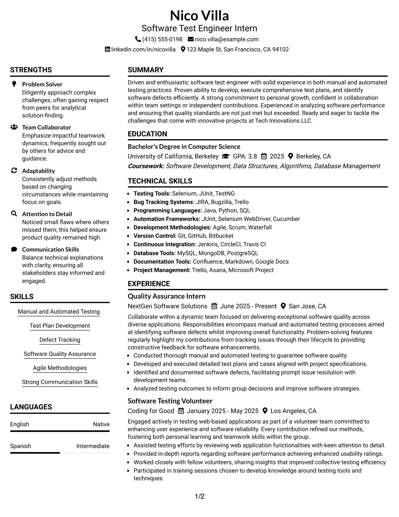 Resume Example Page 1