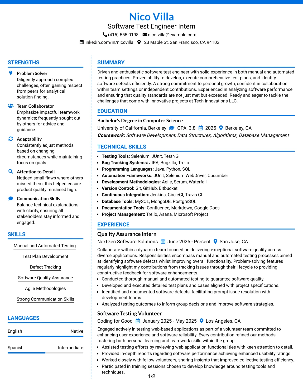 Resume Example Page 1