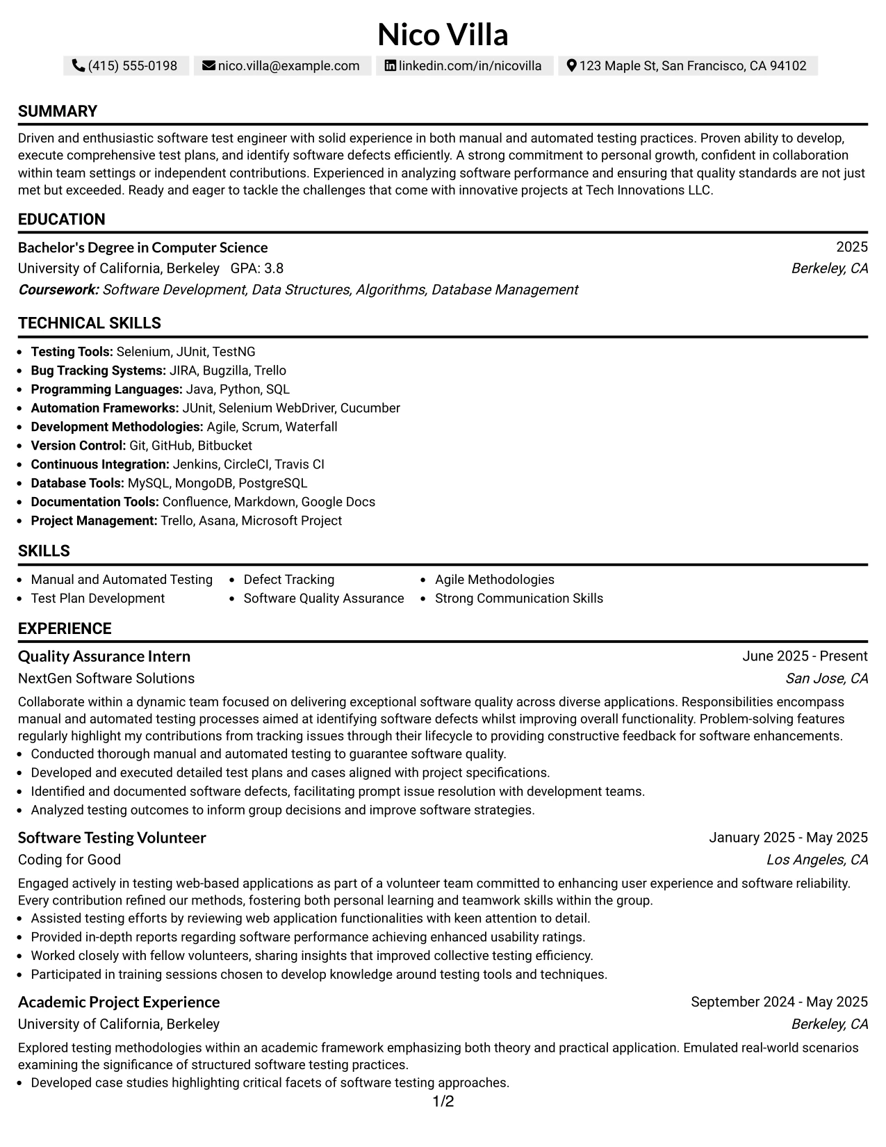 Resume Example Page 1
