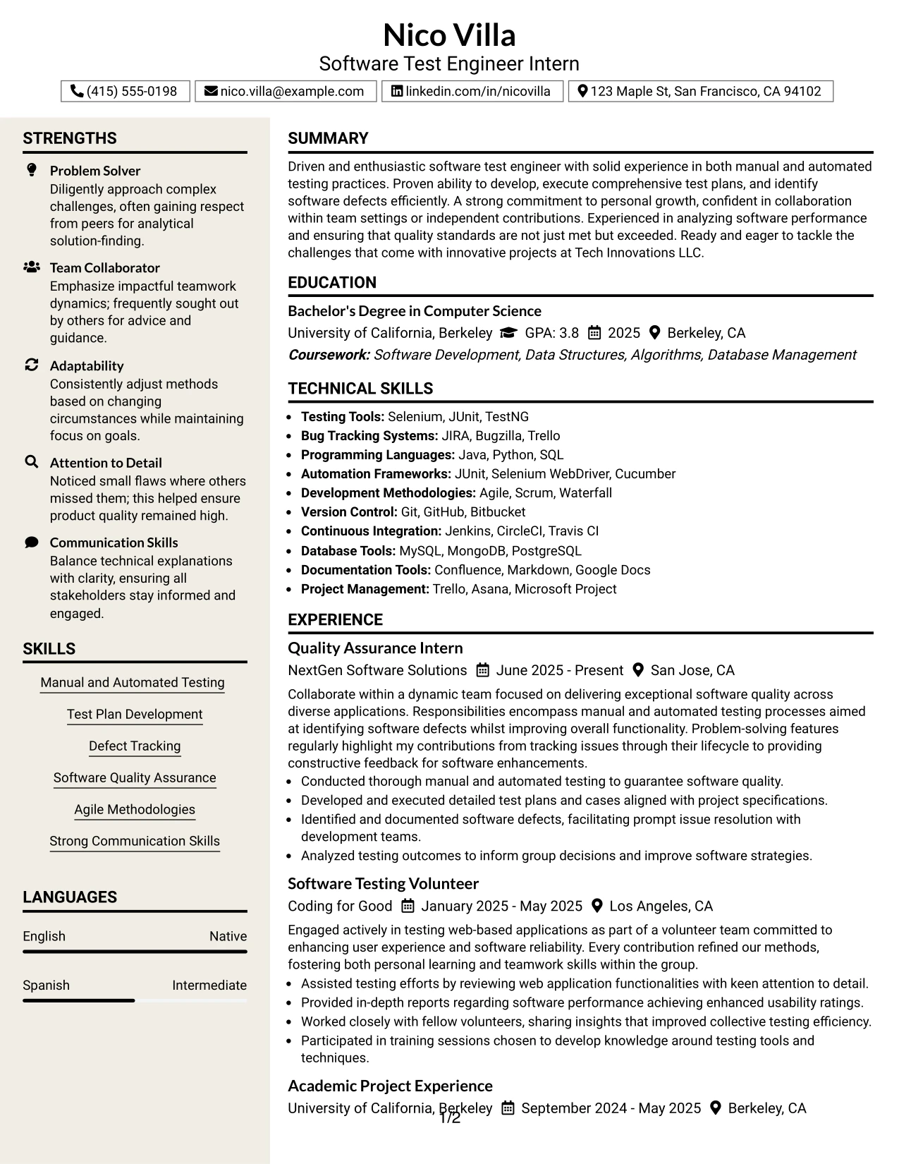Resume Example Page 1