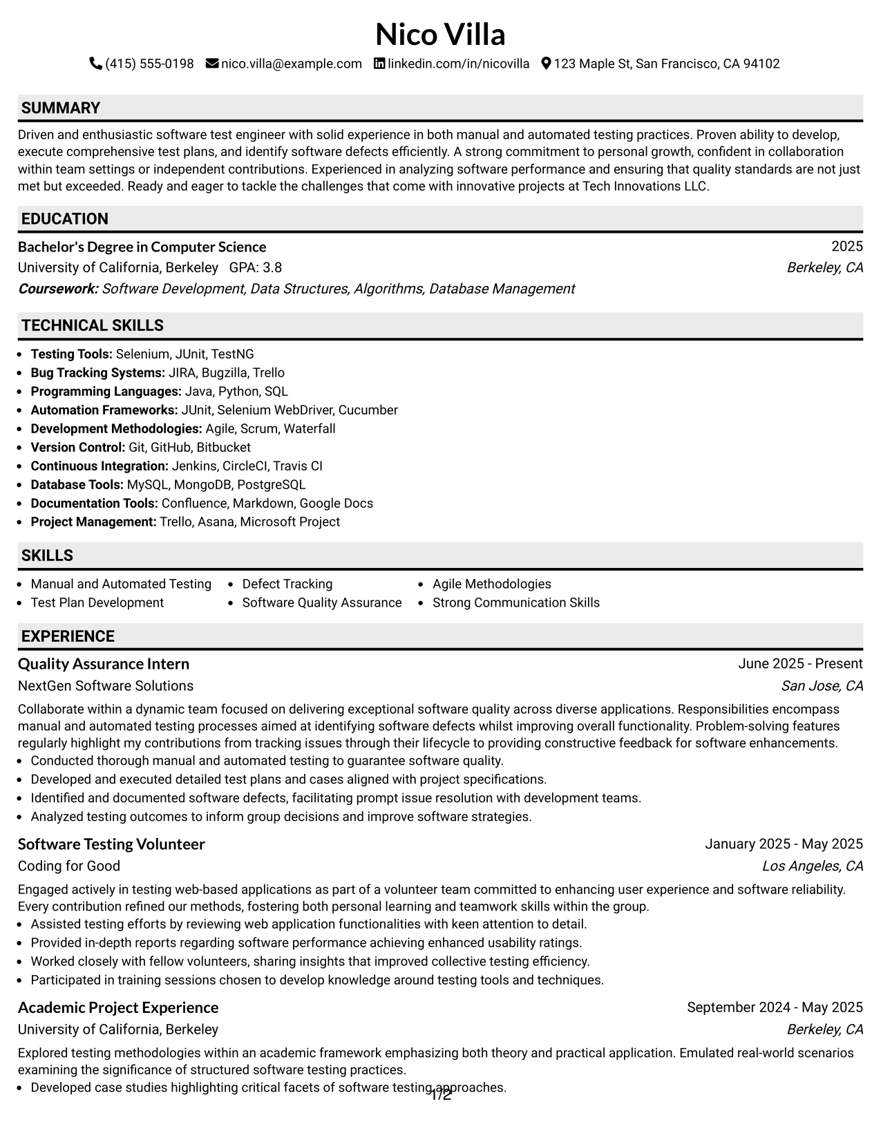Resume Example Page 1
