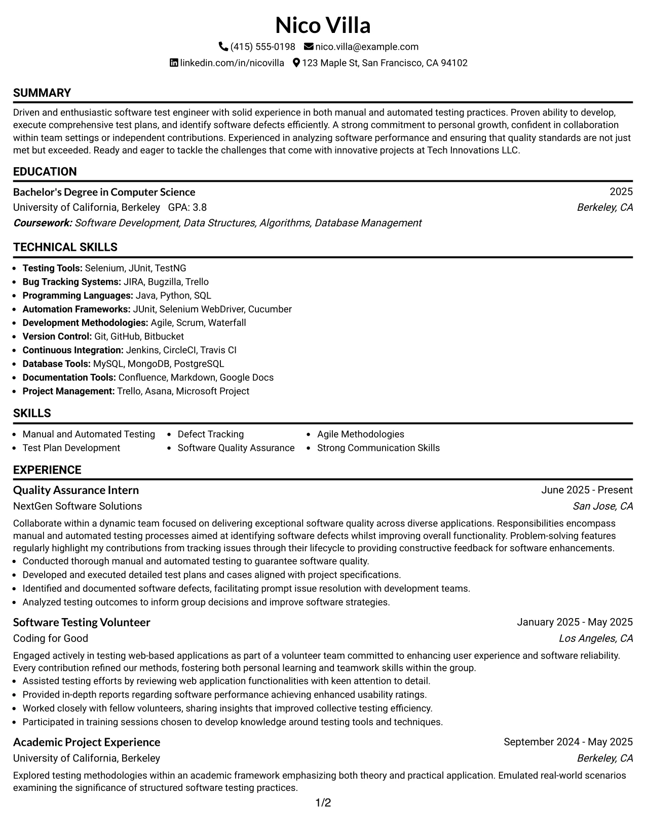 Resume Example Page 1