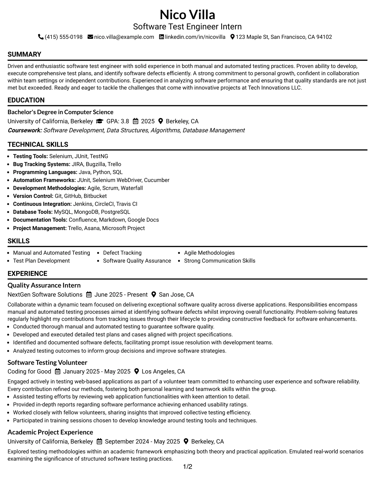 Resume Example Page 1