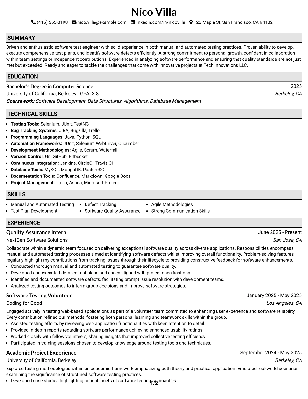 Resume Example Page 1