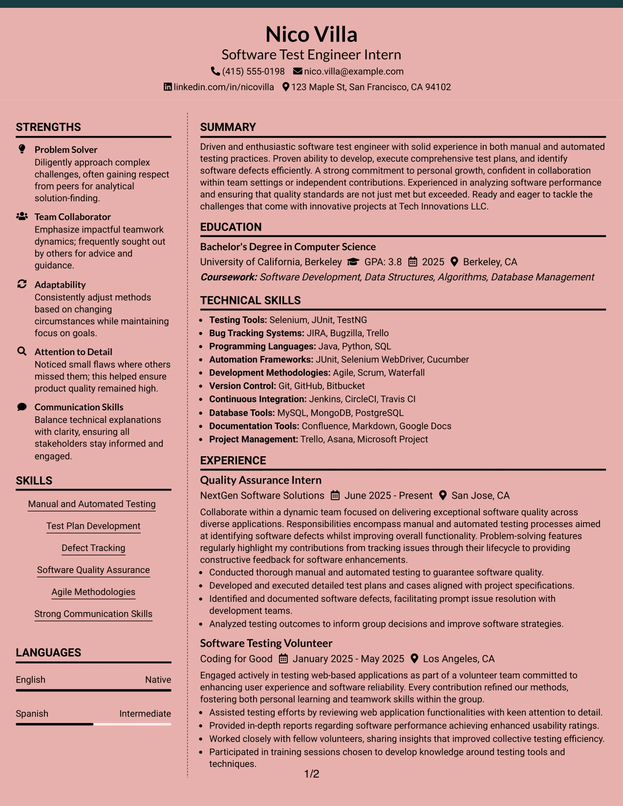Resume Example Page 1