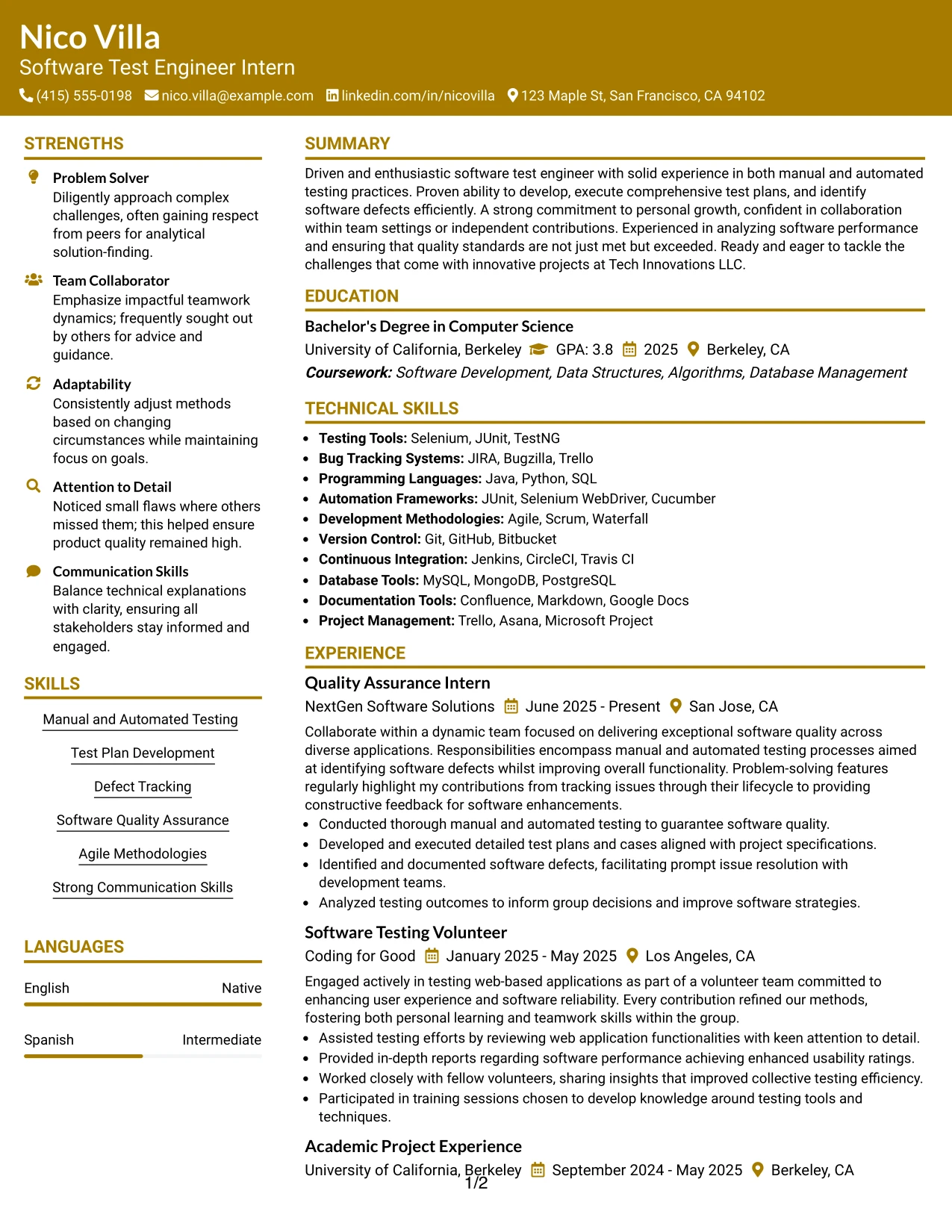 Resume Example Page 1
