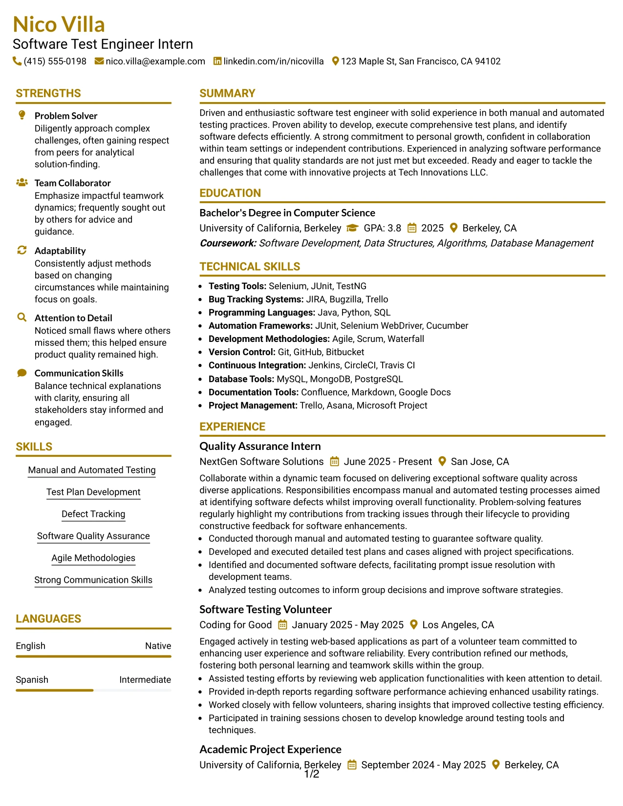 Resume Example Page 1