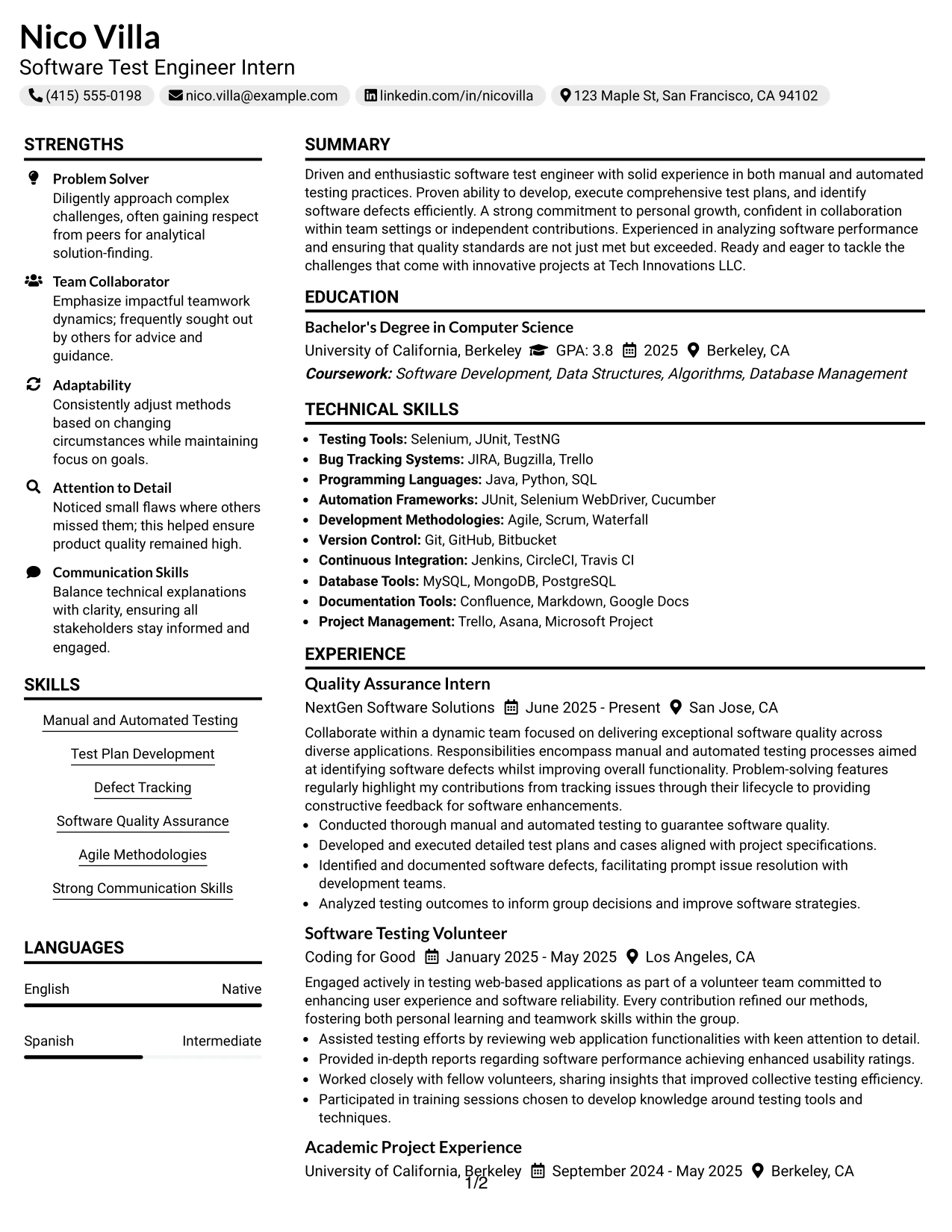 Resume Example Page 1