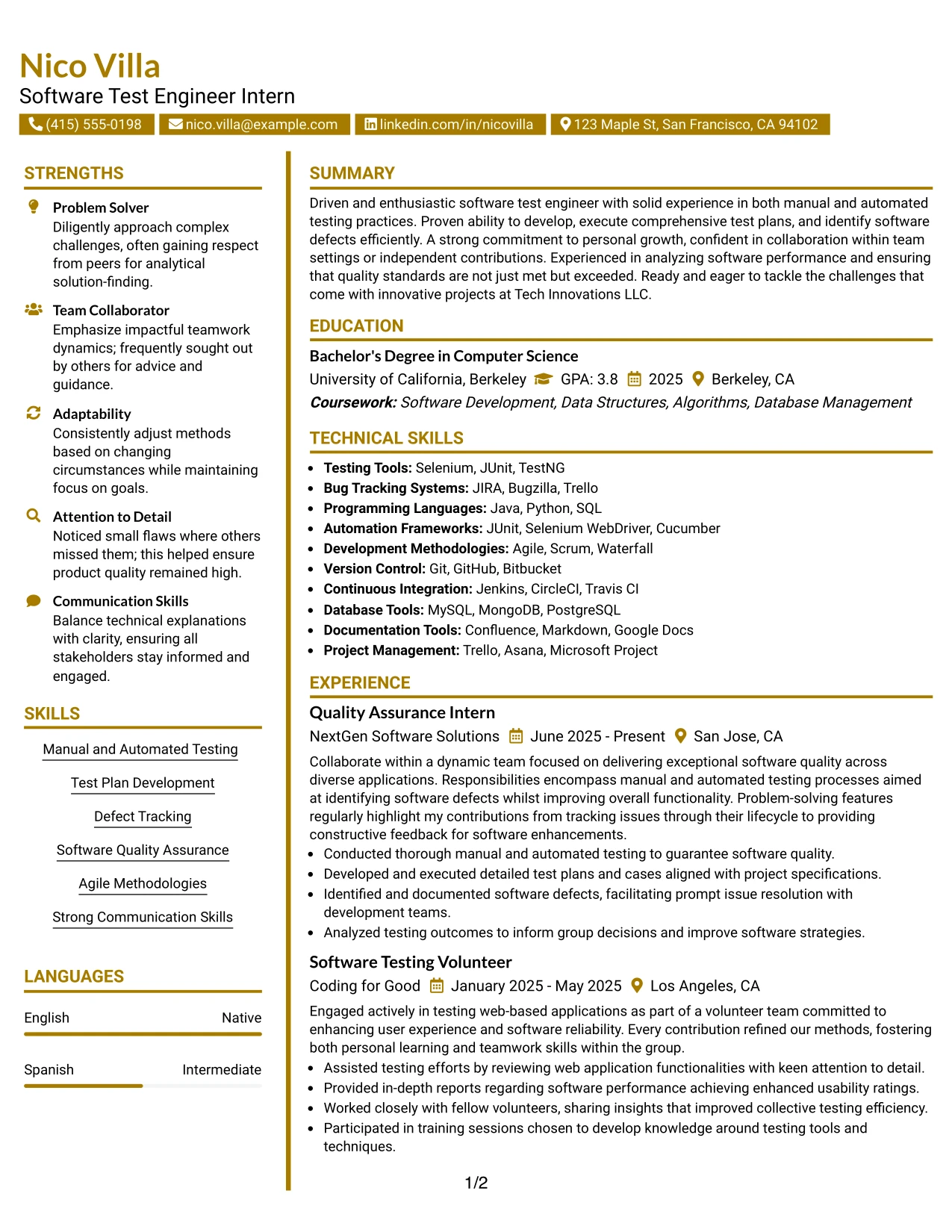 Resume Example Page 1