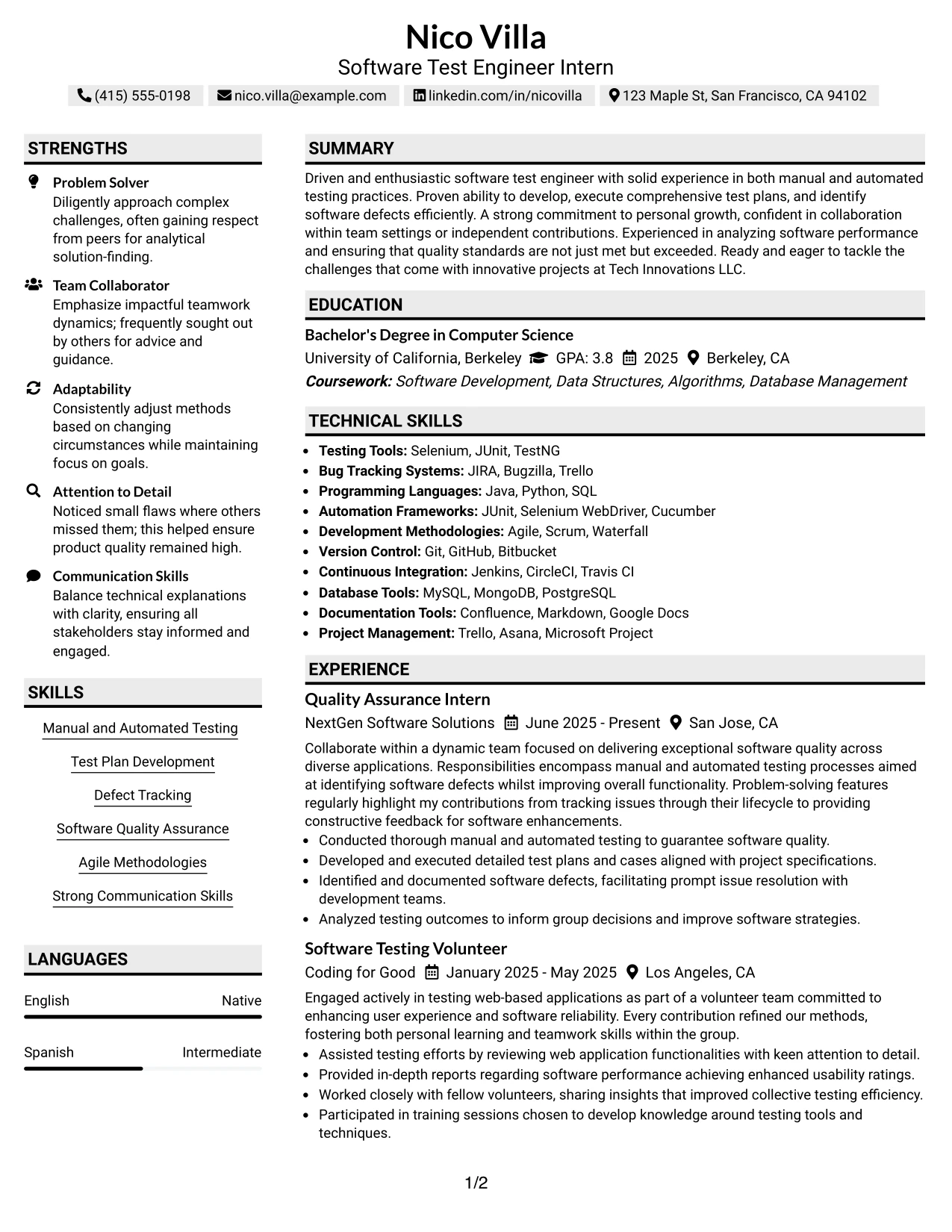 Resume Example Page 1