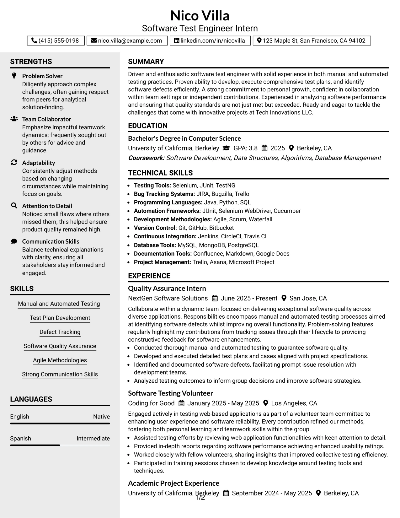 Resume Example Page 1