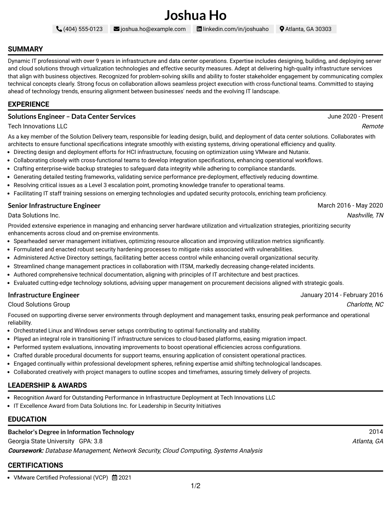 Resume Example Page 1
