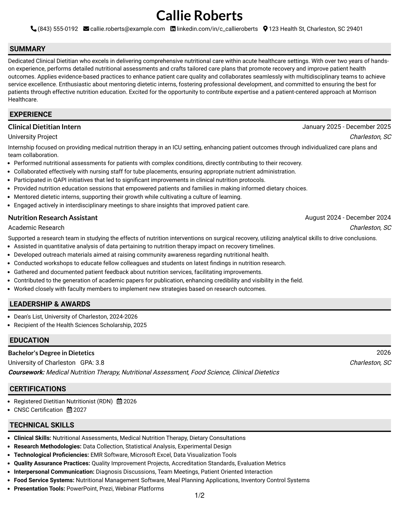 Resume Example Page 1