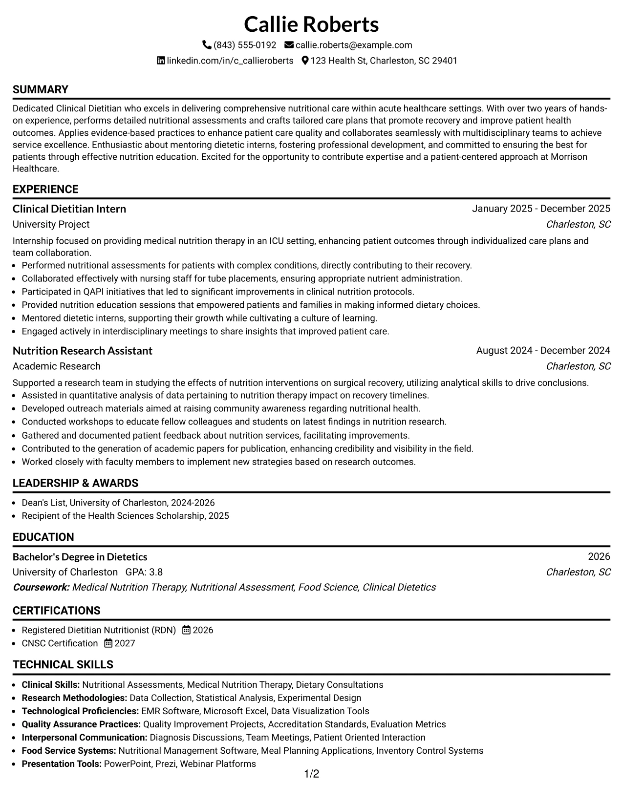 Resume Example Page 1
