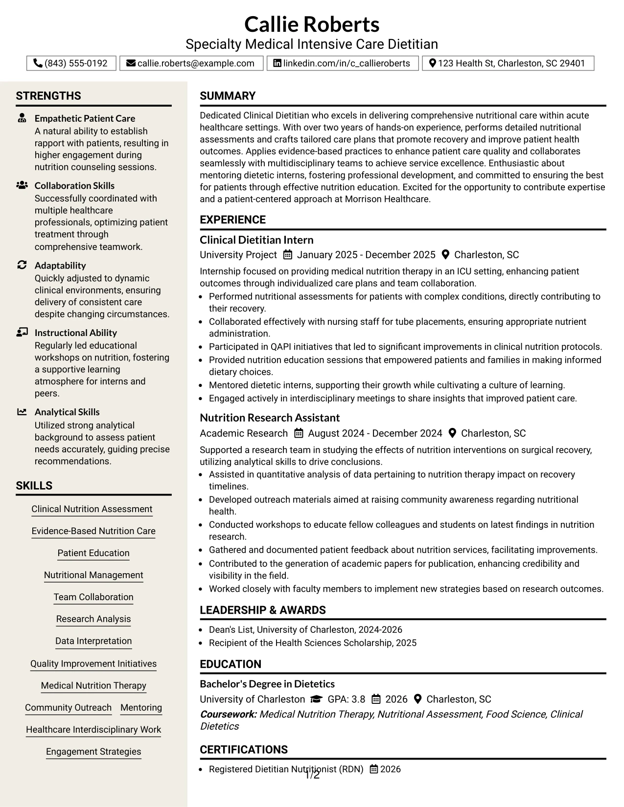 Resume Example Page 1