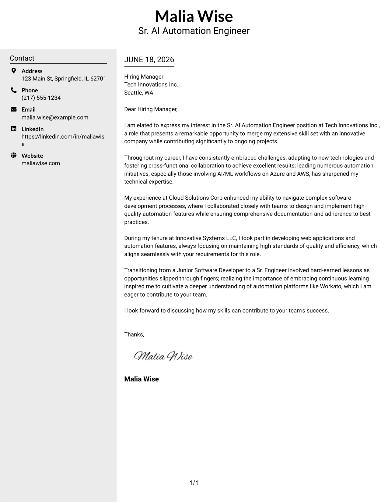 Resume Example Page 1