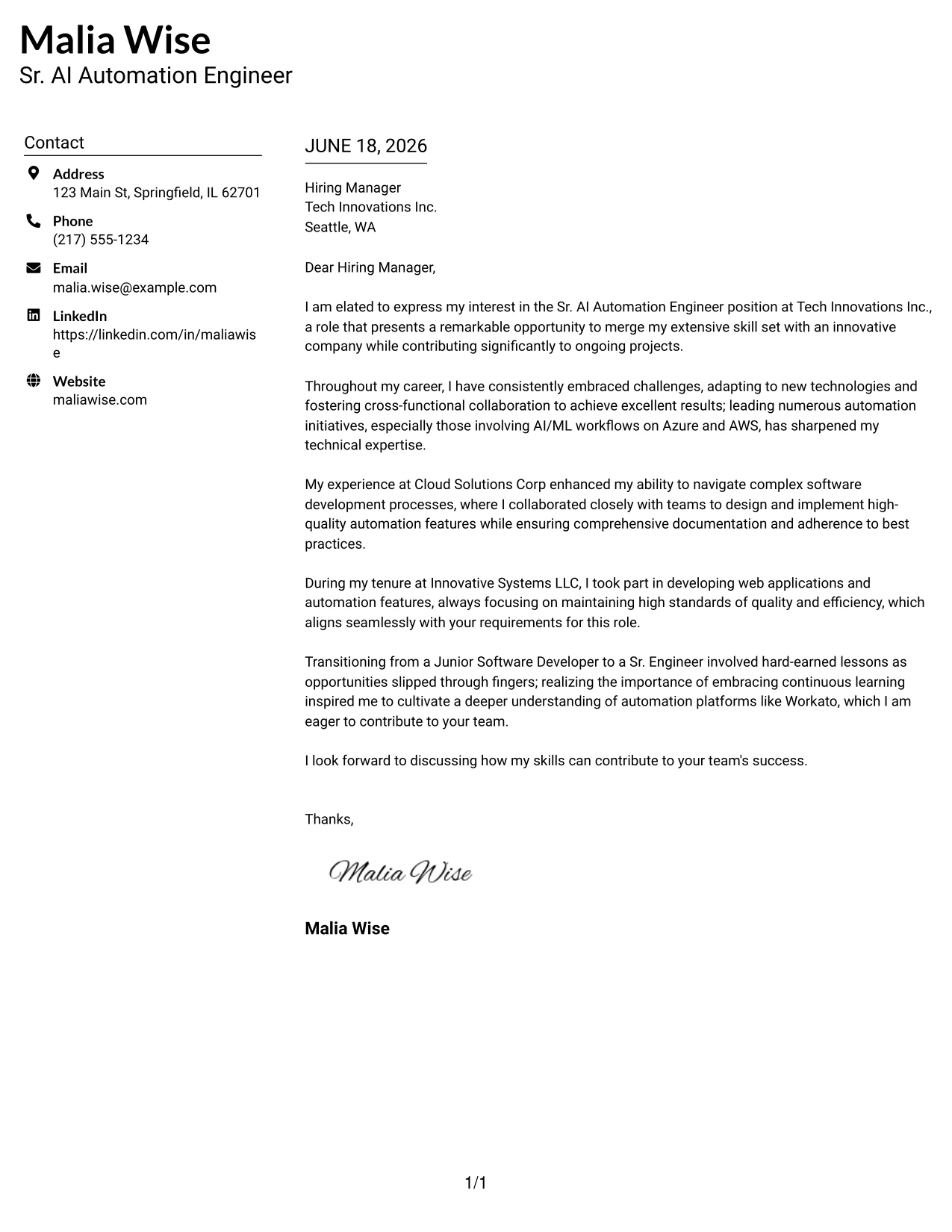 Resume Example Page 1
