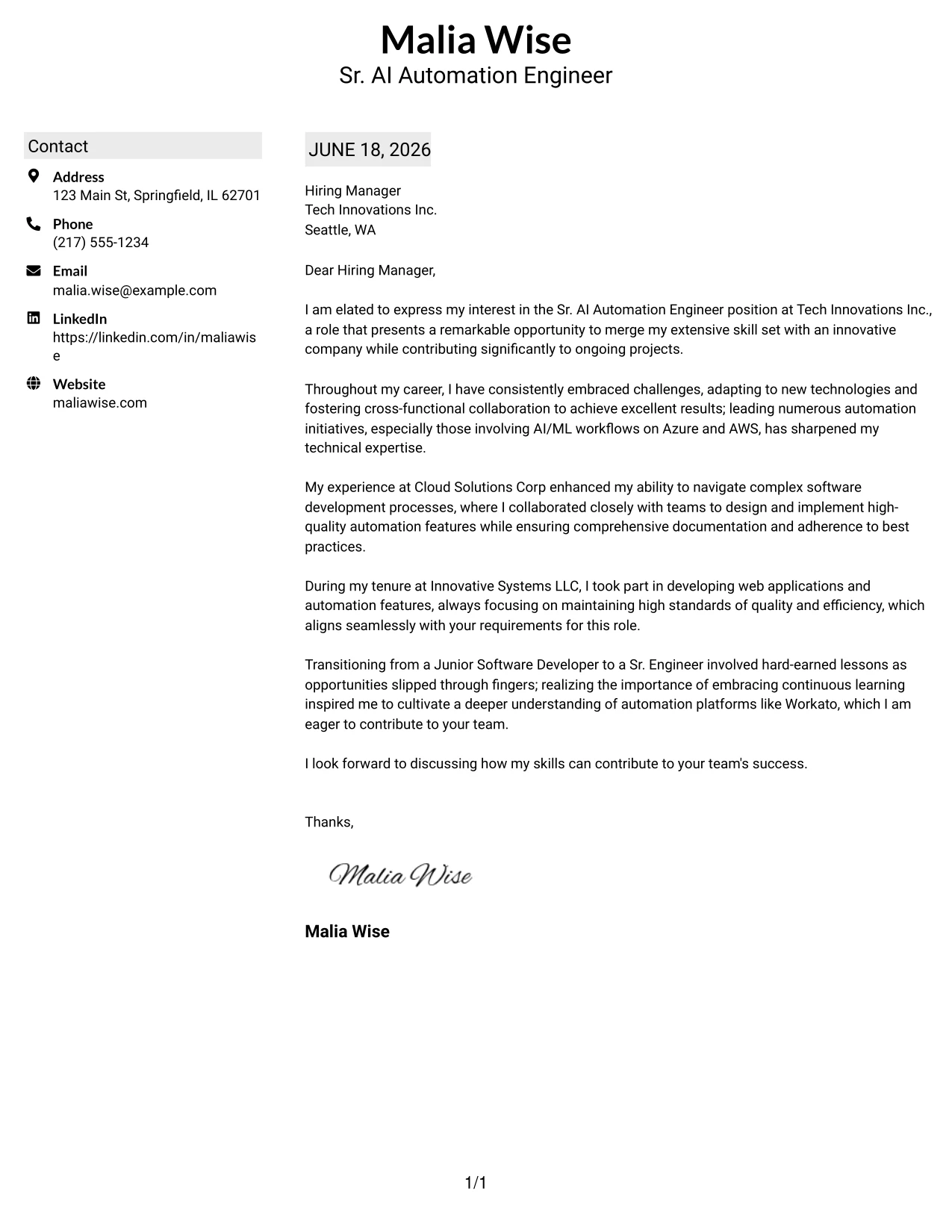 Resume Example Page 1