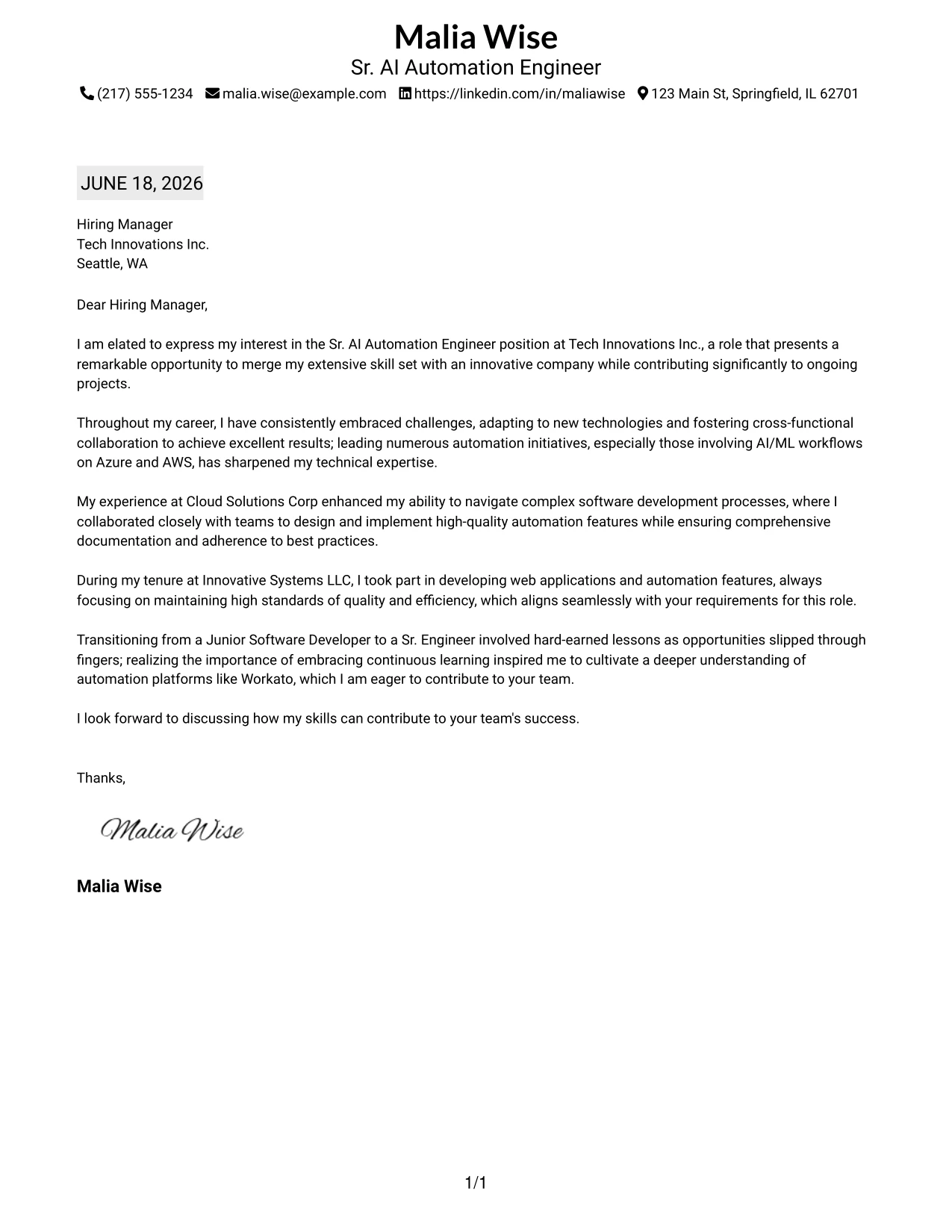 Resume Example Page 1