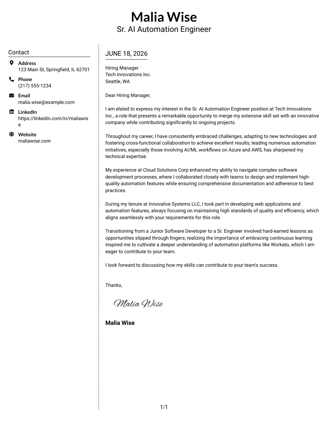 Resume Example Page 1